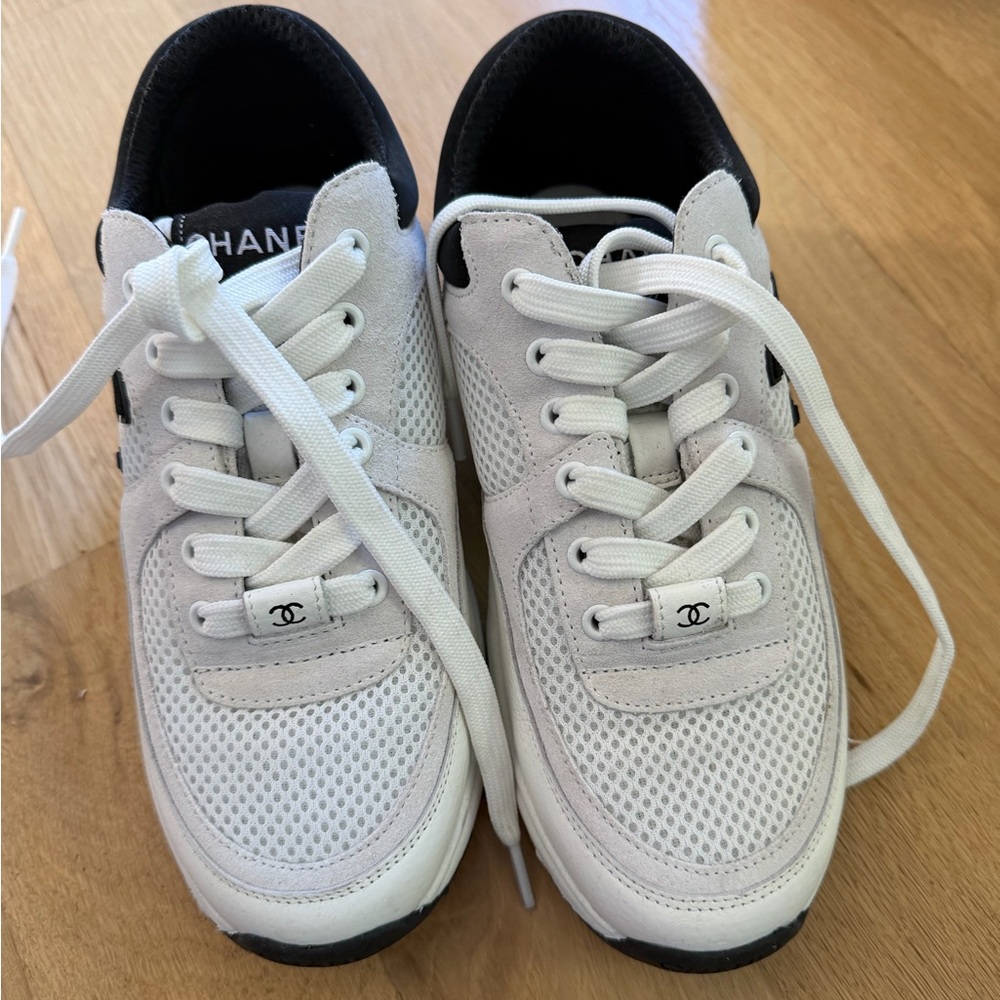 CHANEL White and Black Lace-Up Sneakers